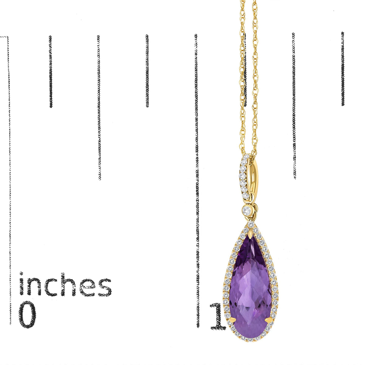 Close-up front angle of a yellow metal necklace shown on a scale, featuring a pear-shaped purple gemstone surrounded by small white gemstones in a micro-pave setting.