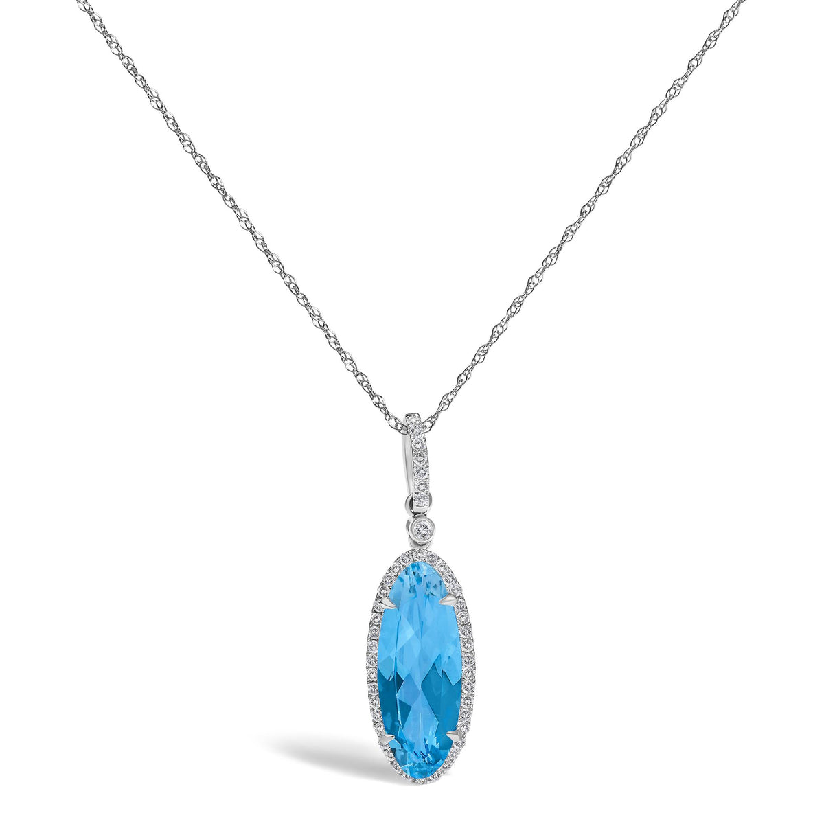 Close-up front view of a white metal necklace with a pendant featuring a large oval blue gemstone surrounded by small white gemstones in a micro-pave setting, shown on a white background.