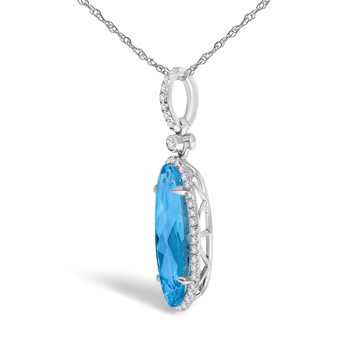 Close-up side view of white necklace with oval blue gemstone surrounded by small white gemstones, shown on a white background.