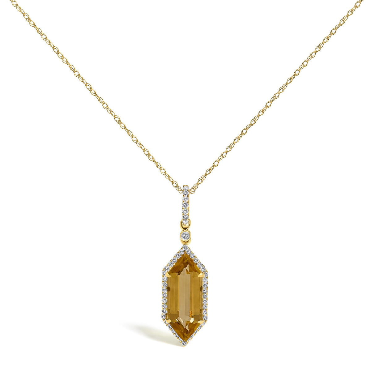 Close-up front view of a yellow metal necklace with a pendant featuring a large yellow gemstone surrounded by small white gemstones in a micro-pave setting. The pendant is shown on a white background.