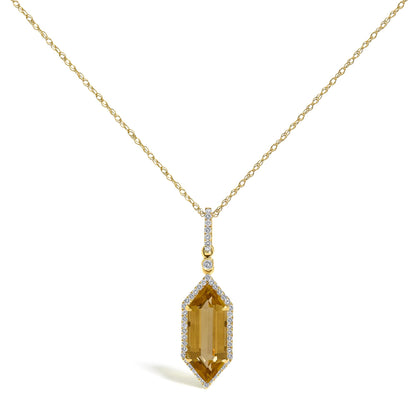 Close-up front view of a yellow metal necklace with a pendant featuring a large yellow gemstone surrounded by small white gemstones in a micro-pave setting. The pendant is shown on a white background.