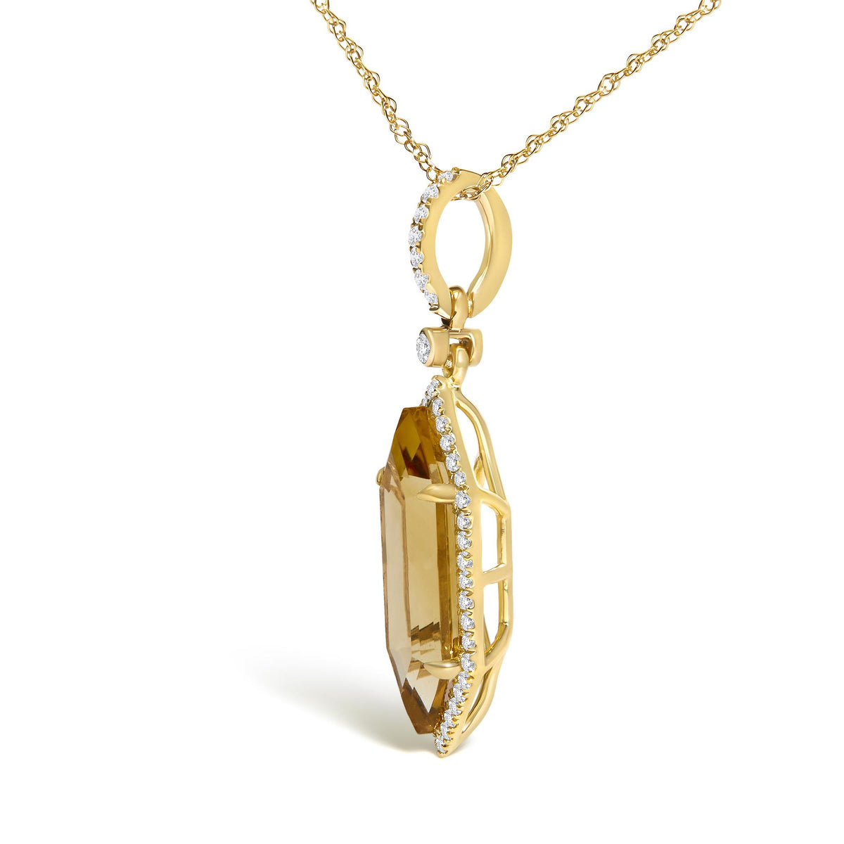 Close-up front angle of a yellow metal necklace pendant featuring a large yellow gemstone prong-set and bordered with small round white gemstones in a micro-pave setting.