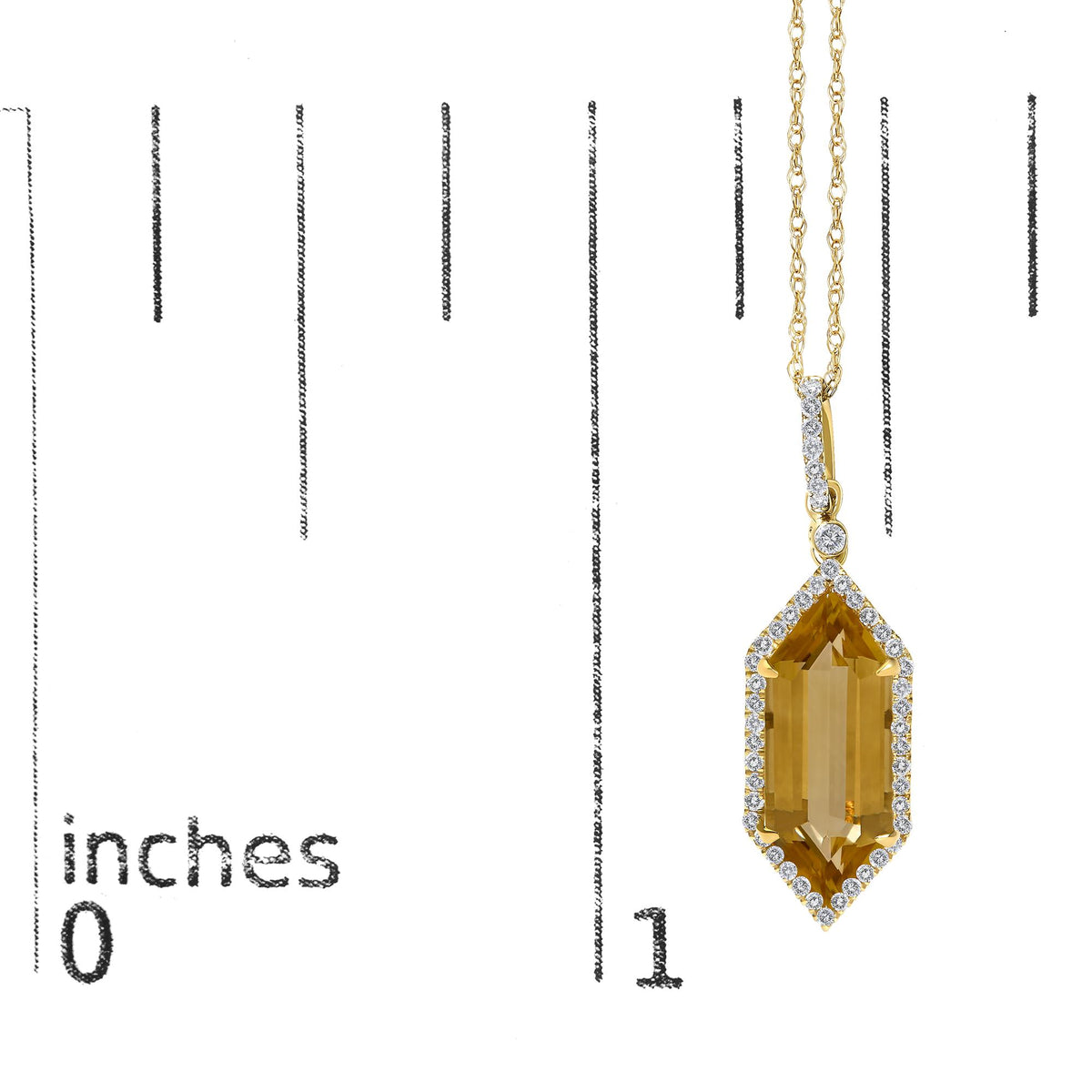 Close-up front angled view of a yellow necklace pendant featuring a large yellow gemstone surrounded by small white gemstones with additional white gemstones leading up to the chain shown on a scale.