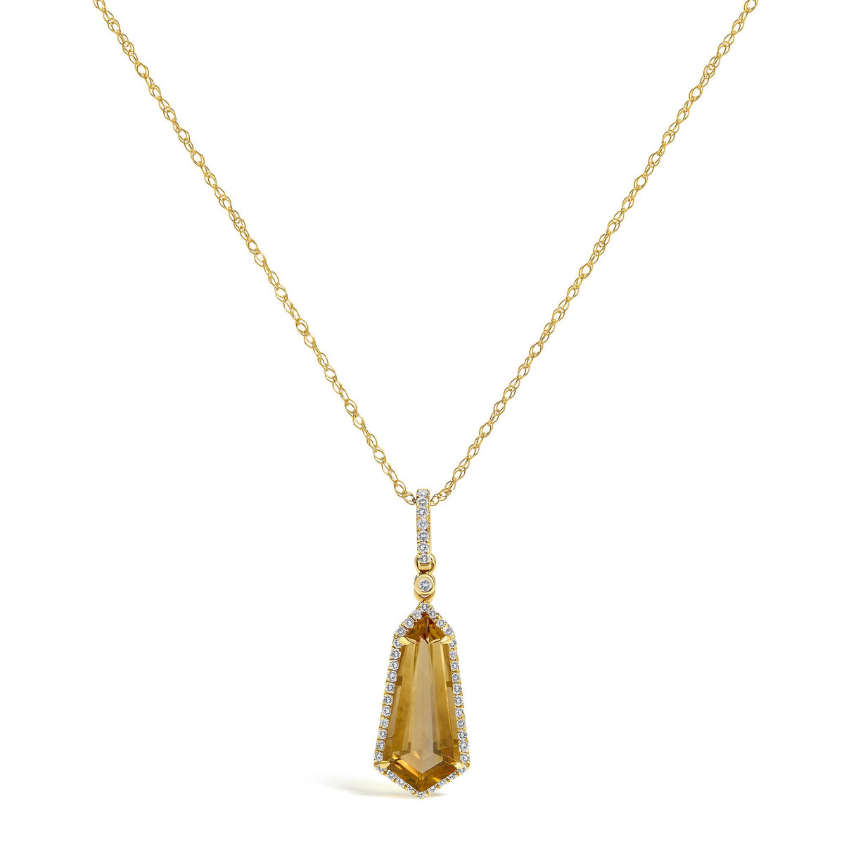 Close-up front view of a yellow metal necklace with a chain and a pendant featuring a large yellow gemstone surrounded by small white gemstones.