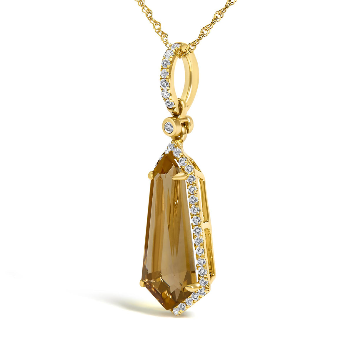 Close-up angled shot of a yellow necklace pendant featuring a large yellow gemstone in a prong setting, surrounded by multiple small white gemstones in a micro-pave setting along the edge and top loop.