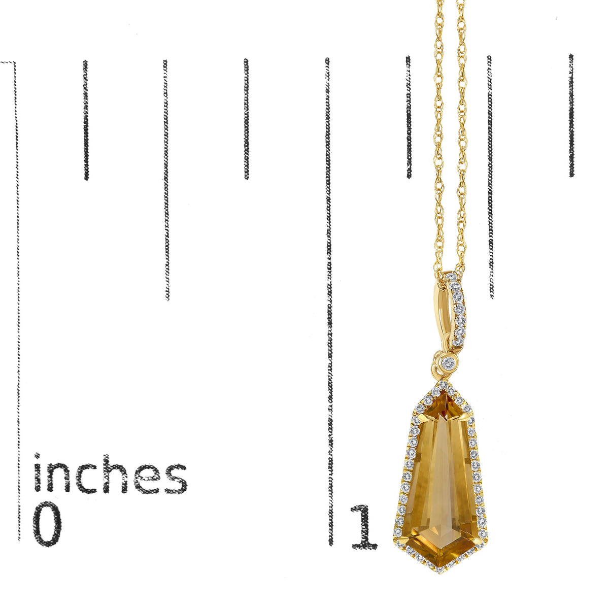 Close-up image of a yellow metal necklace pendant shown on a scale, featuring a large yellow gemstone in a prong setting surrounded by small white gemstones in a micro-pave setting, with an additional small yellow gemstone above.