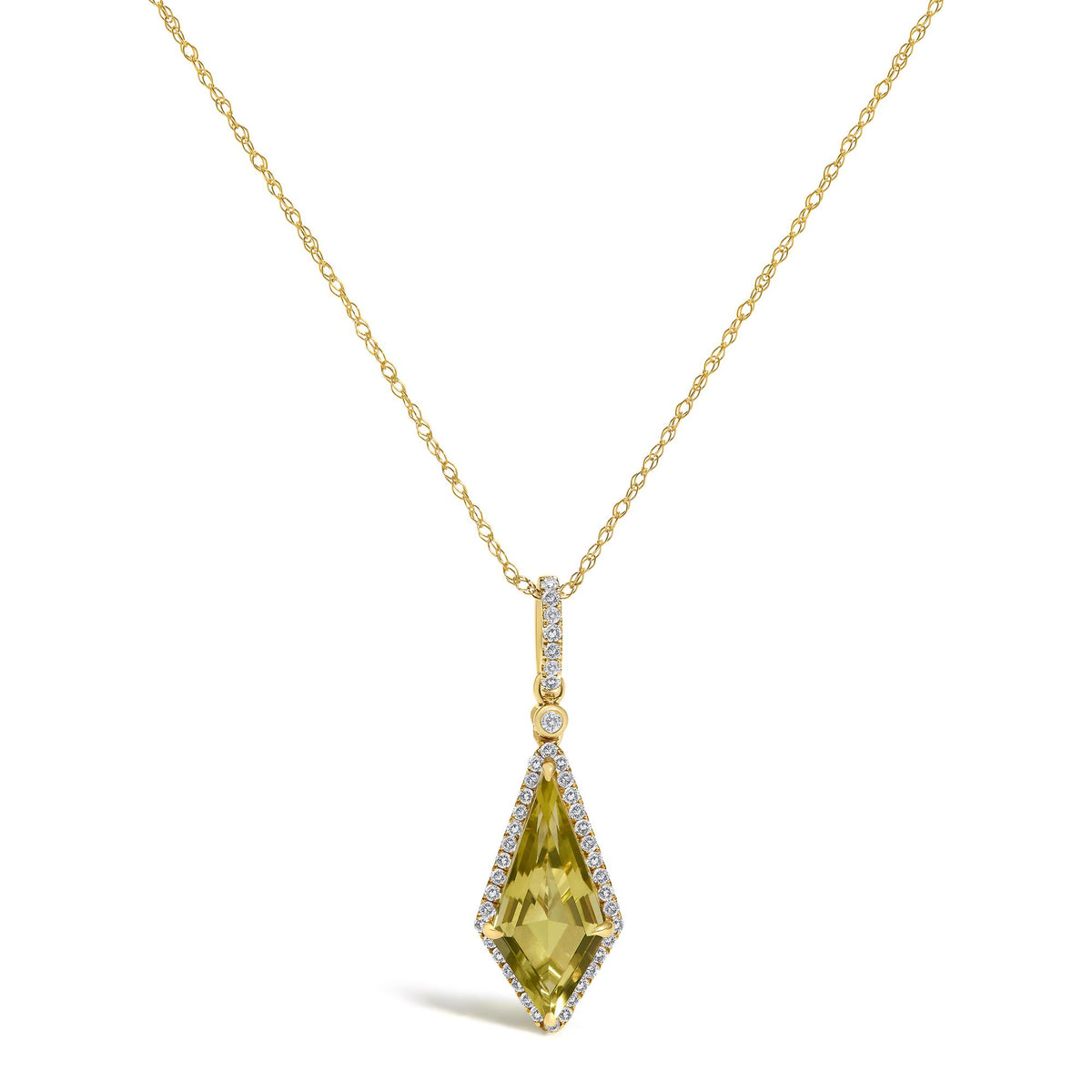 Close-up front angle of a yellow metal necklace with a pendant featuring a lemon-colored quartz gemstone in a prong setting, surrounded by small white gemstones in a micro-pave setting.
