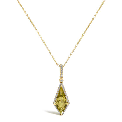 Close-up front angle of a yellow metal necklace with a pendant featuring a lemon-colored quartz gemstone in a prong setting, surrounded by small white gemstones in a micro-pave setting.
