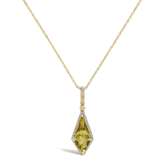 Close-up front angle of a yellow metal necklace with a pendant featuring a lemon-colored quartz gemstone in a prong setting, surrounded by small white gemstones in a micro-pave setting.