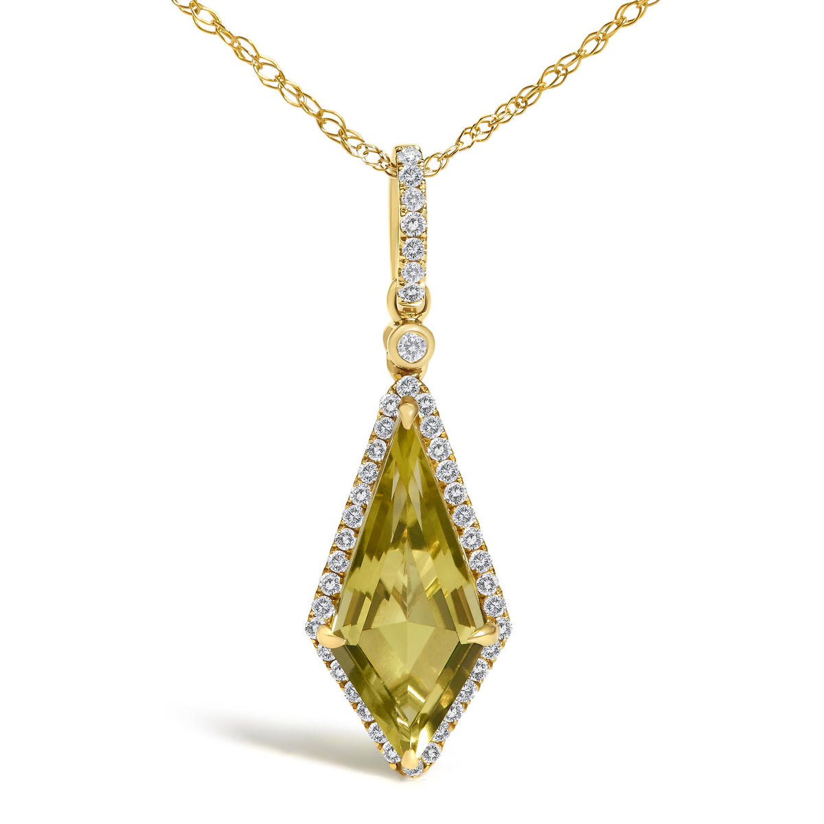 Close-up front view of a yellow necklace pendant with white round gemstones in micro-pave setting surrounding a lemon-colored faceted gemstone in prong setting, shown on a white background.