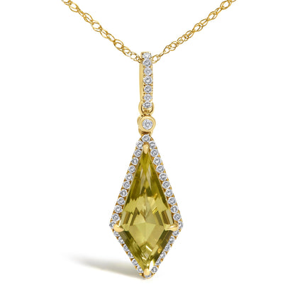 Close-up front view of a yellow necklace pendant with white round gemstones in micro-pave setting surrounding a lemon-colored faceted gemstone in prong setting, shown on a white background.