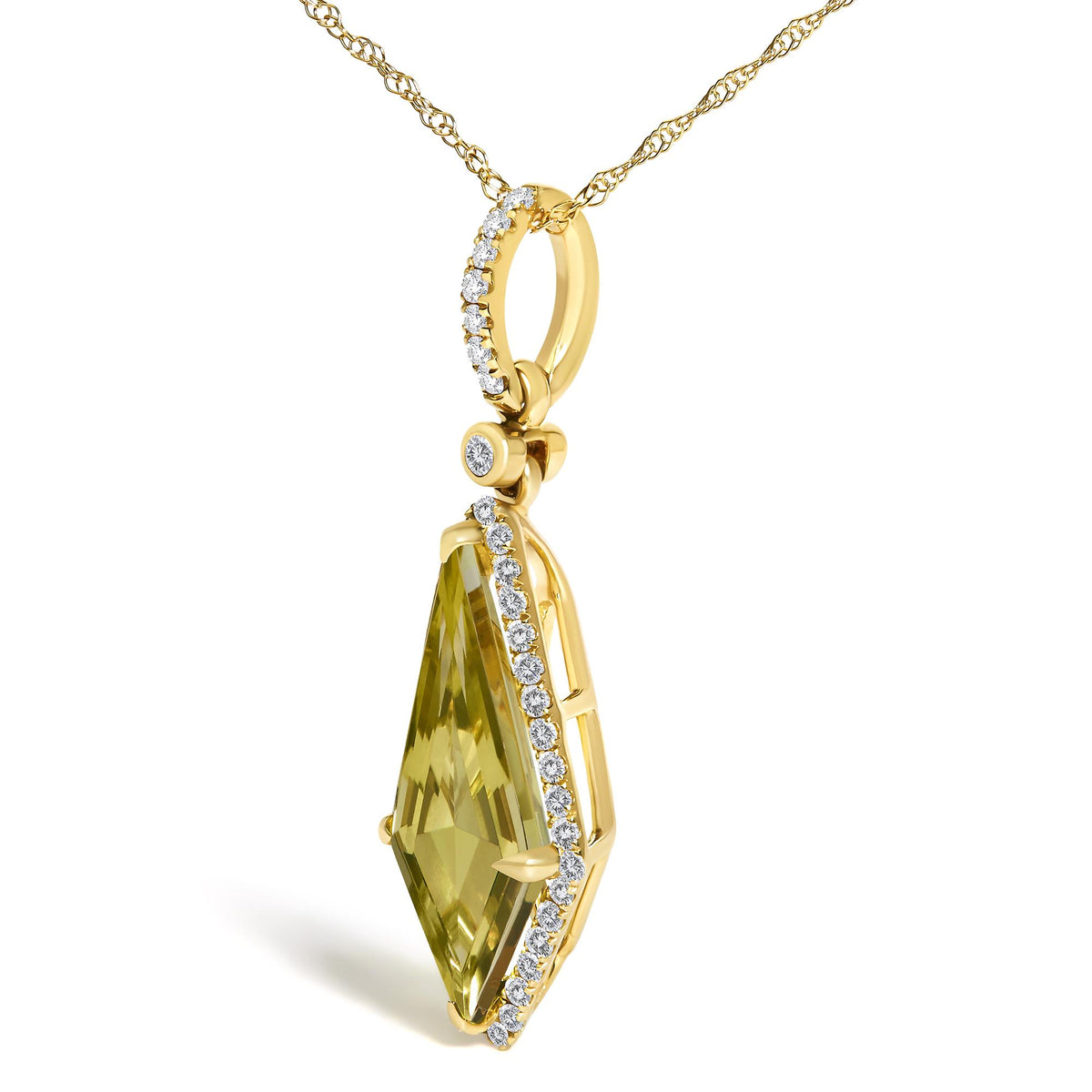 Close-up front angle of a yellow metal necklace pendant with a large lemon-colored faceted gemstone in a prong setting, bordered by white round gemstones in a micro-pave setting. The pendant hangs from a yellow metal chain.