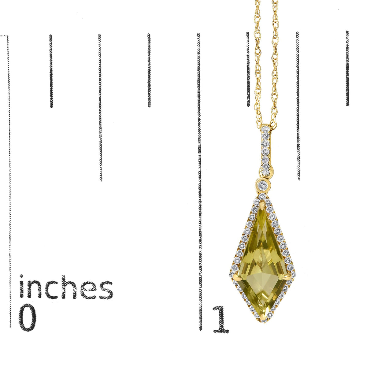 Close-up front view of a yellow necklace pendant with a large lemon-colored gemstone in a prong setting, surrounded by small white gemstones in a micro-pave setting, shown on a scale.