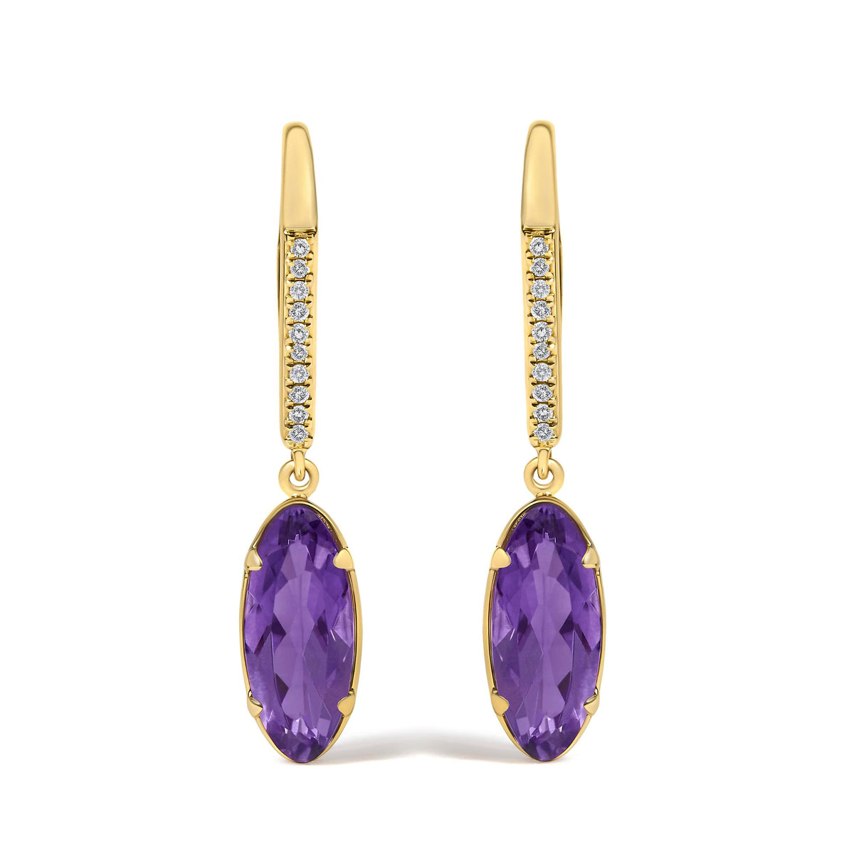 Close-up front view of yellow metal drop earrings with oval purple gemstones in prong settings and vertical rows of round white gemstones in micro-pave settings.
