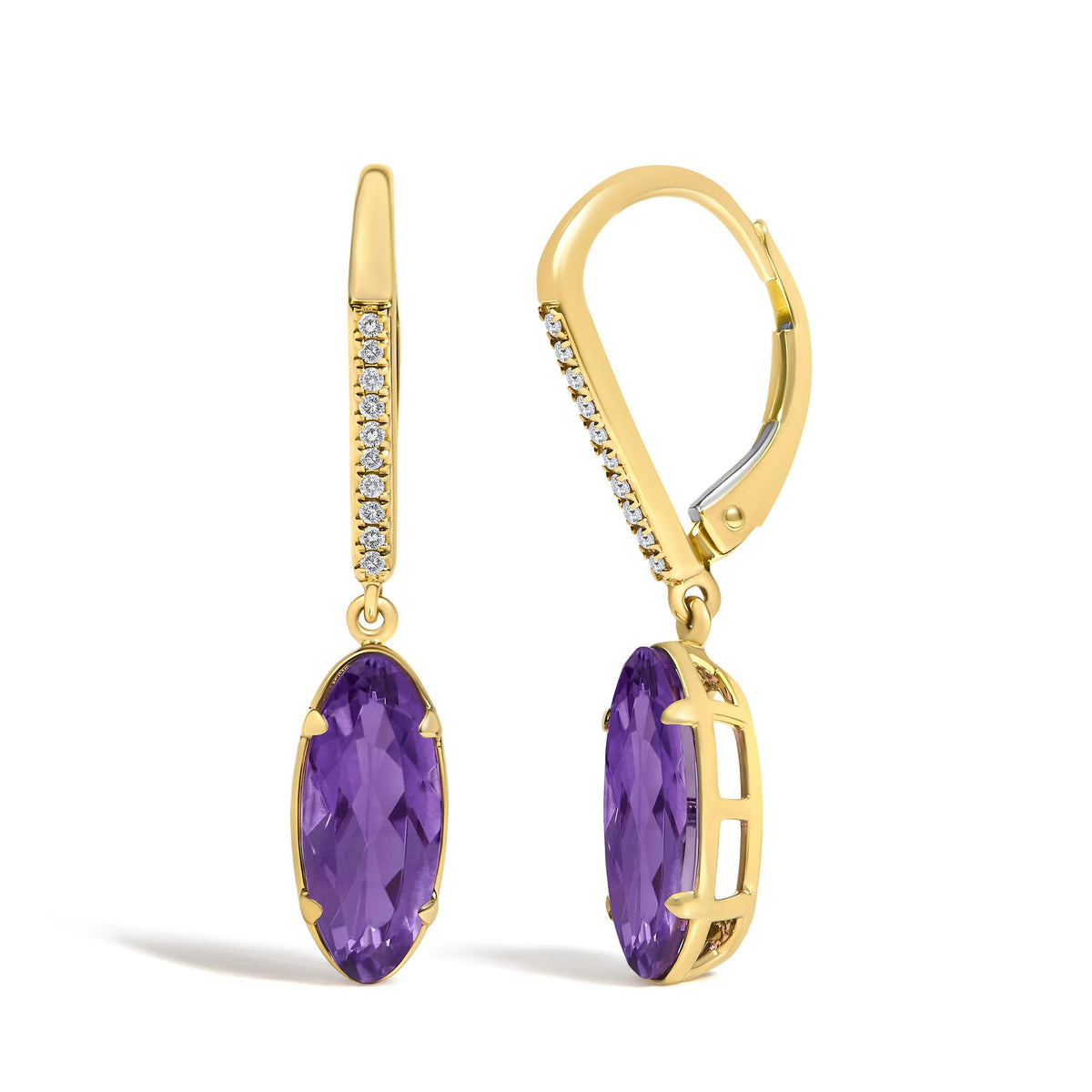 Close-up front and side view of yellow metal earrings with a vertical row of white gemstones and a dangling oval purple gemstone shown on a white background.