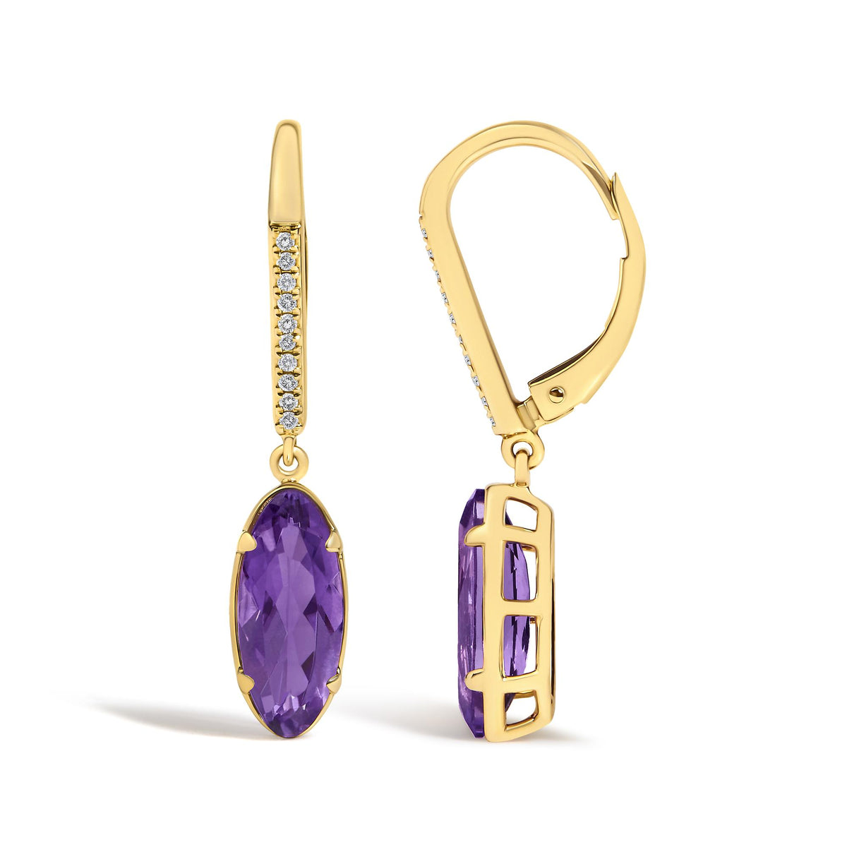 Close-up image of yellow metal earrings shown from the front and side angles, featuring a vertical row of small white gemstones on the upper part and a large purple oval gemstone secured by prongs dangling below.