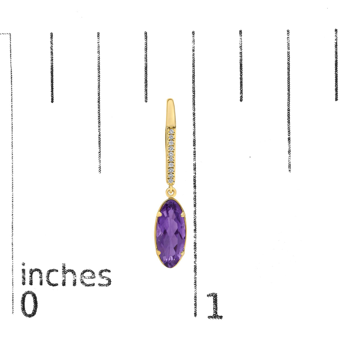 Close-up front angled view of a yellow metal earring featuring a vertical bar set with multiple small white gemstones in a micro-pave setting, connected to an oval-shaped purple gemstone in a prong setting, shown on a measurement scale.