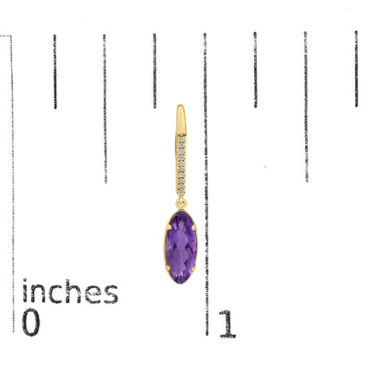 Close-up front angled view of a yellow metal earring featuring a vertical bar set with multiple small white gemstones in a micro-pave setting, connected to an oval-shaped purple gemstone in a prong setting, shown on a measurement scale.