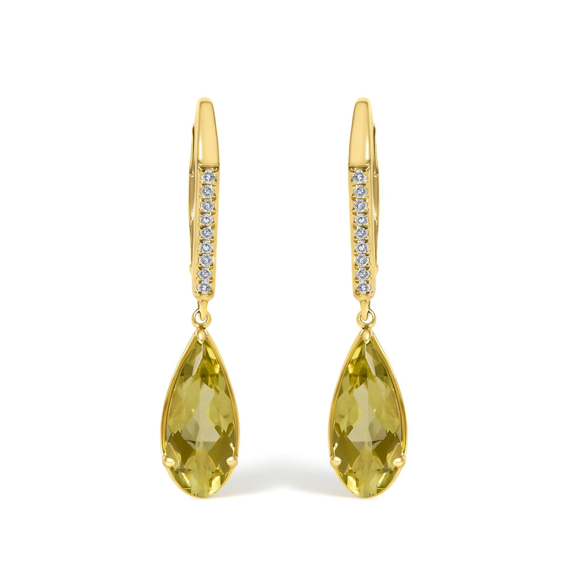 Close-up front view of yellow metal earrings with a vertical line of small white round gemstones set in a row near the top and a single large lemon-colored pear-shaped gemstone hanging below.