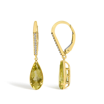 Close-up front and side view of yellow earrings with rows of small white gemstones on the front and a large lemon-colored pear-shaped gemstone hanging below, shown on a white background.