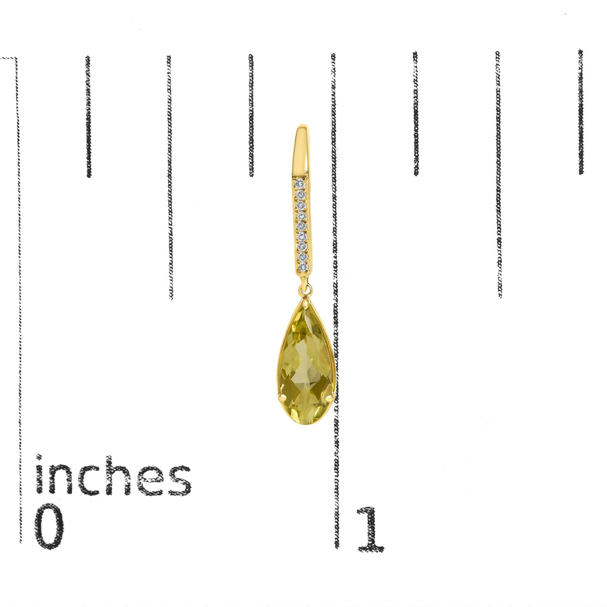 Close-up front view of a yellow metal earring shown on a scale, featuring a row of small white round gemstones in a micro-pave setting and a large pear-shaped yellow gemstone in a prong setting.