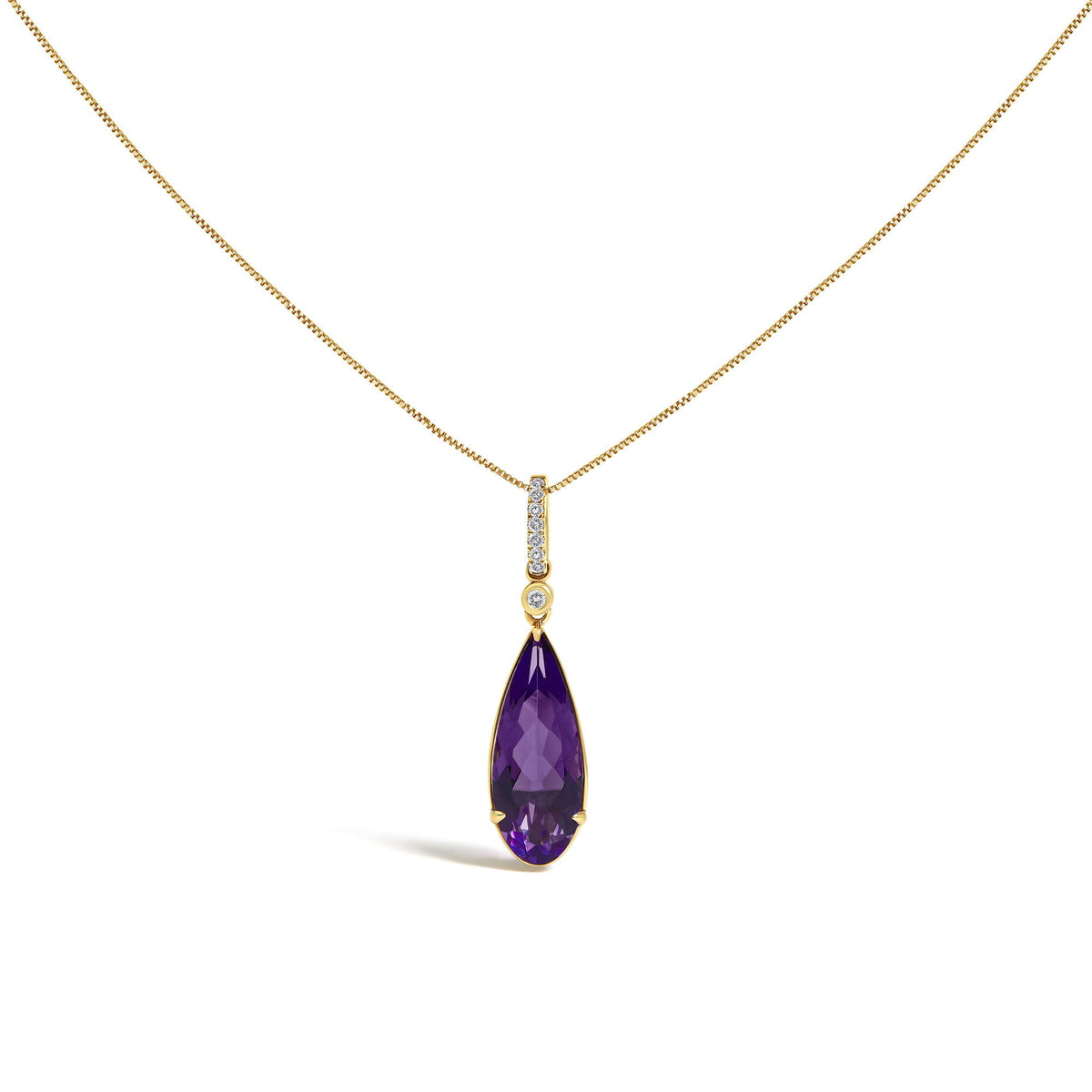 Close-up front view of a yellow metal necklace with a vertical bar pendant adorned with small white gemstones in a micro-pave setting and a pear-shaped purple gemstone hanging below, shown on a white background.