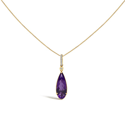 Close-up front view of a yellow metal necklace with a vertical bar pendant adorned with small white gemstones in a micro-pave setting and a pear-shaped purple gemstone hanging below, shown on a white background.