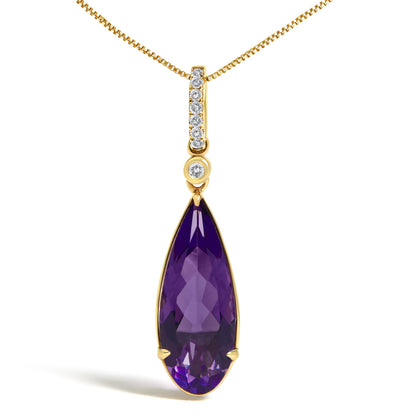 Close-up front view of a yellow metal necklace featuring a vertical bar with small white gemstones in a micro-pave setting, a round white gemstone below the bar, and a large pear-shaped purple gemstone in a prong setting at the bottom.