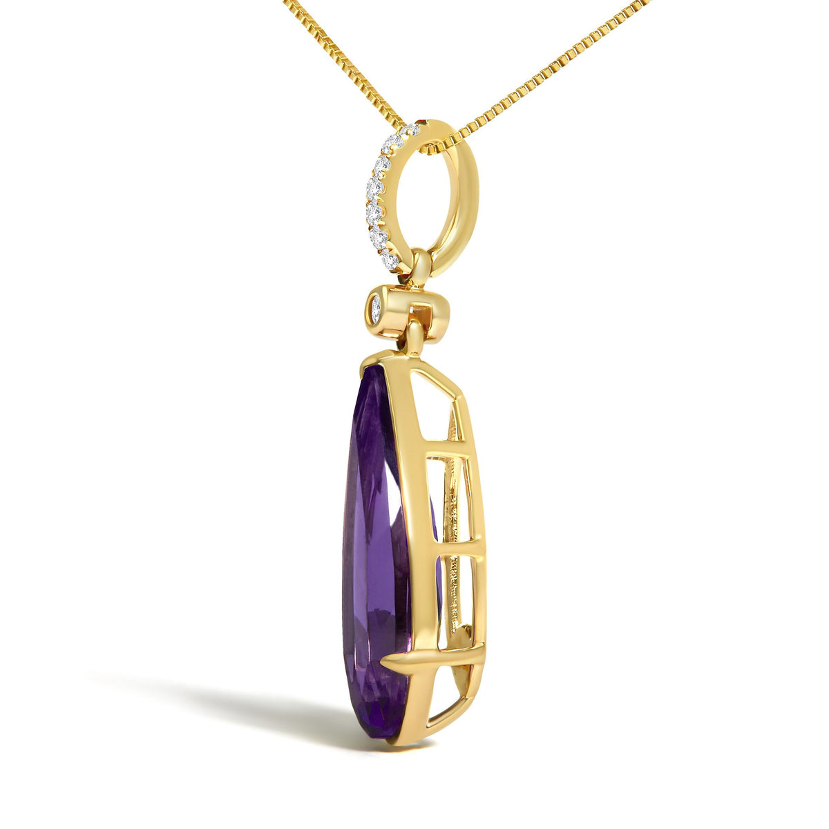 Close-up angled view of a yellow metal necklace pendant featuring a pear-shaped purple gemstone in an openwork setting and a loop adorned with small white gemstones in a micro-pave setting.