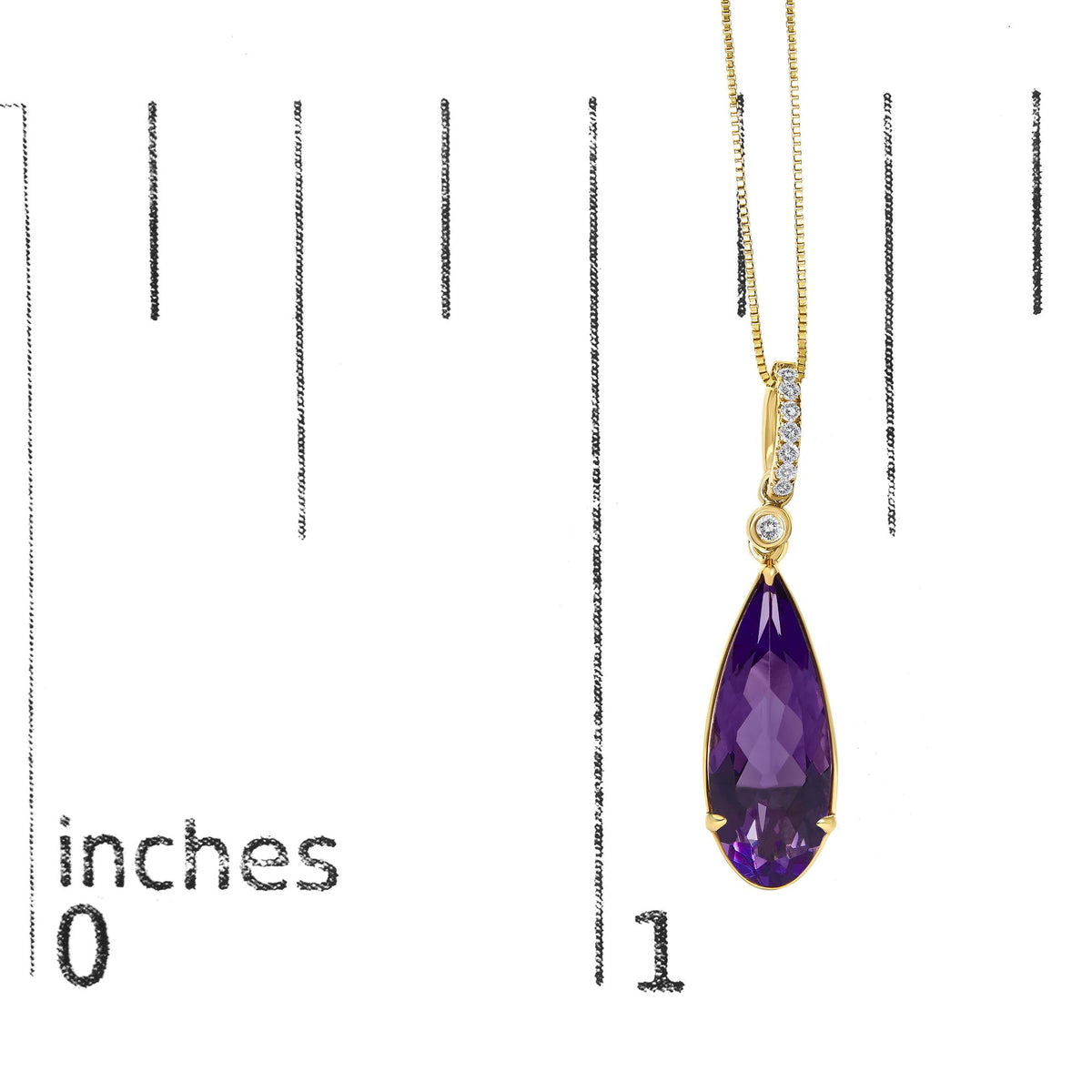 Close-up front view of a yellow necklace pendant featuring a row of small white round gemstones in a micro-pave setting above a single white round gemstone, with a large purple pear-shaped gemstone in a prong setting below, shown on a scale.