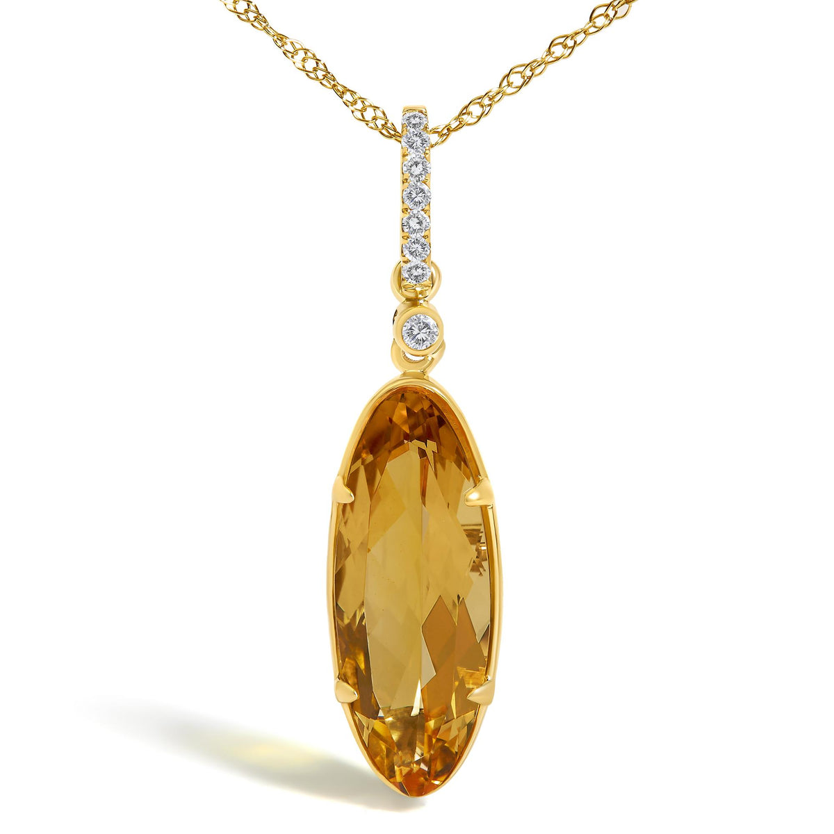 Close-up front view of a yellow necklace with a pendant featuring a vertical bar set with round white gemstones in a micro-pave setting, and an oval yellow gemstone in a prong setting below.