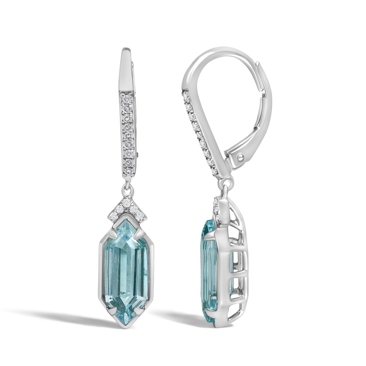 10K White Gold Hexagon Blue Topaz and 1/8 Cttw Diamond Leverback Dangle Earrings