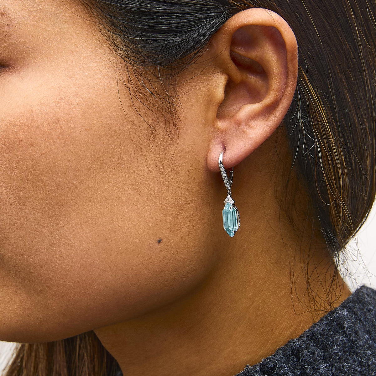 10K White Gold Hexagon Blue Topaz and 1/8 Cttw Diamond Leverback Dangle Earrings
