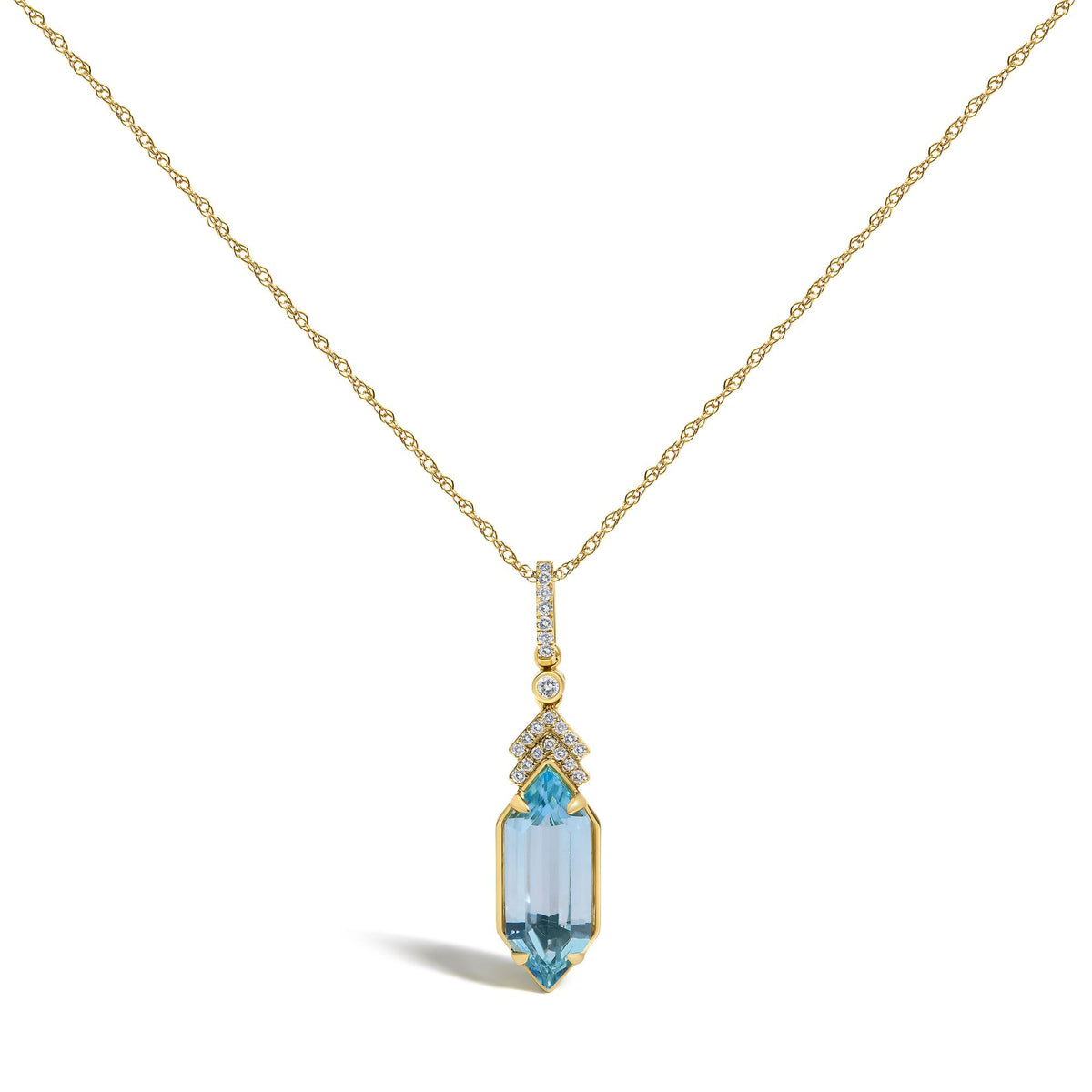 Close-up front view of a yellow metal necklace with a pendant featuring multiple small white gemstones in micro-pave setting and one large blue gemstone in a prong setting.