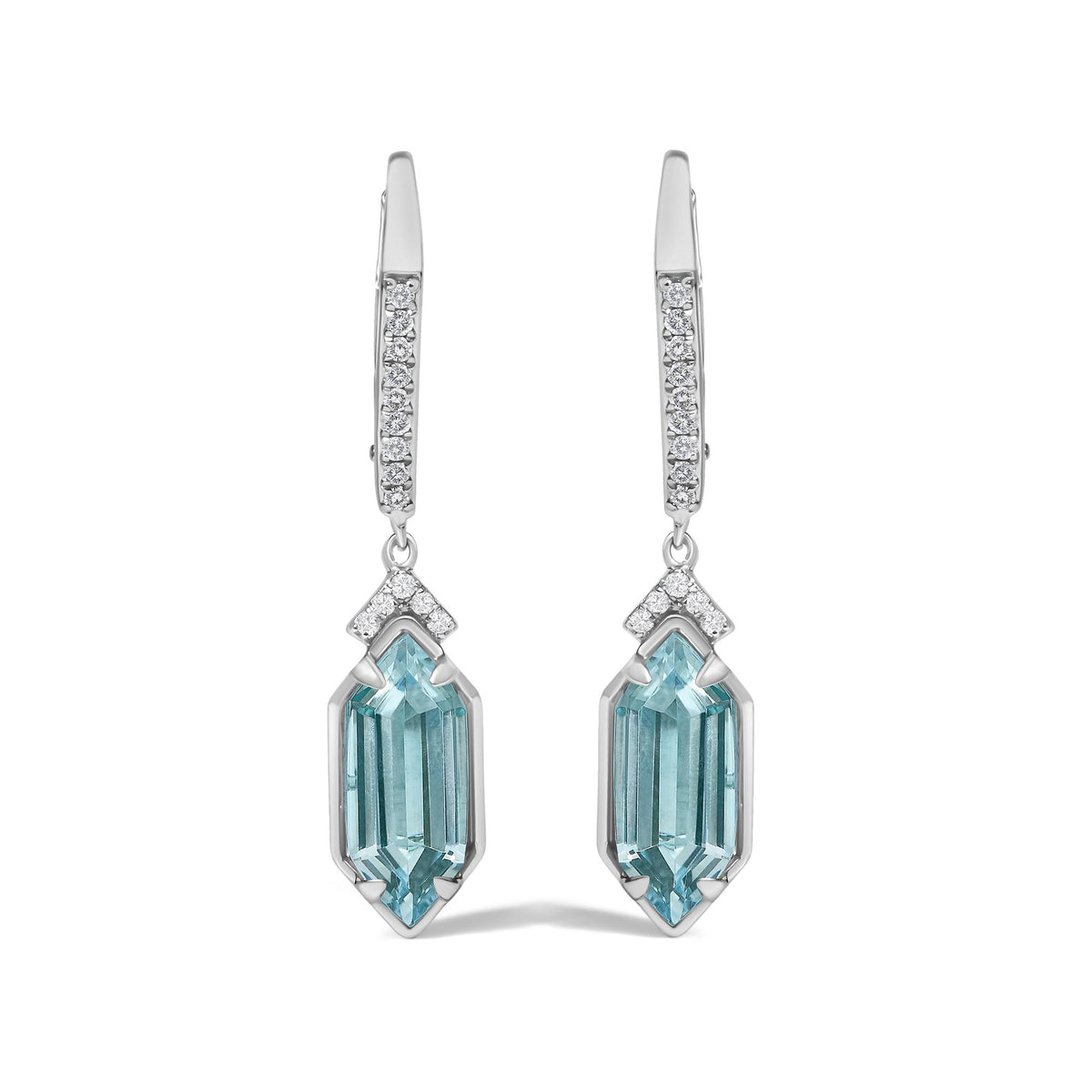 Front view close-up of a pair of yellow metal drop earrings with white round gemstones in a micro-pave setting along the hooks, purple gemstones in prong settings, and elongated blue gemstones at the bottom.
