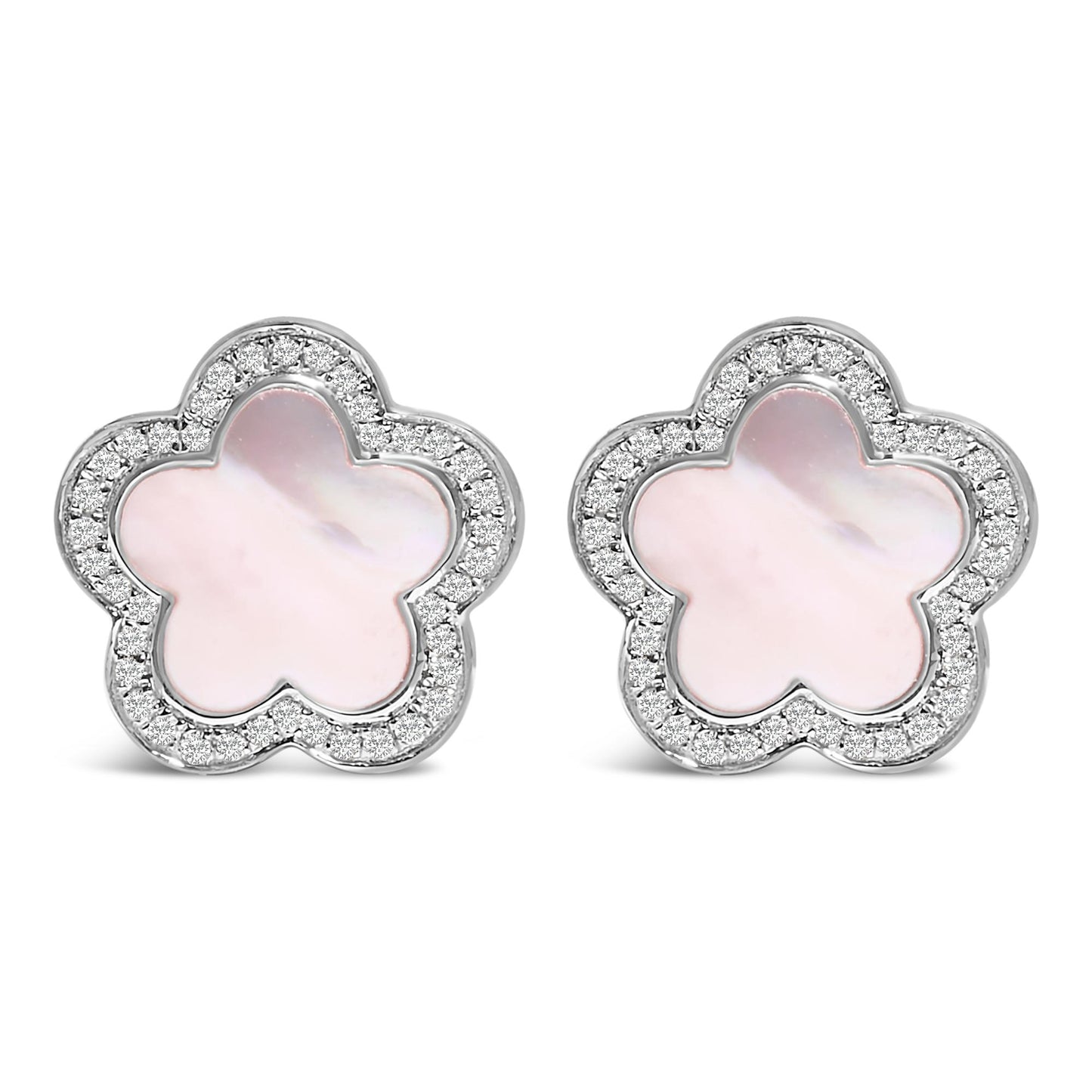 Front view of a pair of white metal flower-shaped stud earrings with central white mother of pearl gemstones in bezel settings, surrounded by micro-pave set round white gemstones.
