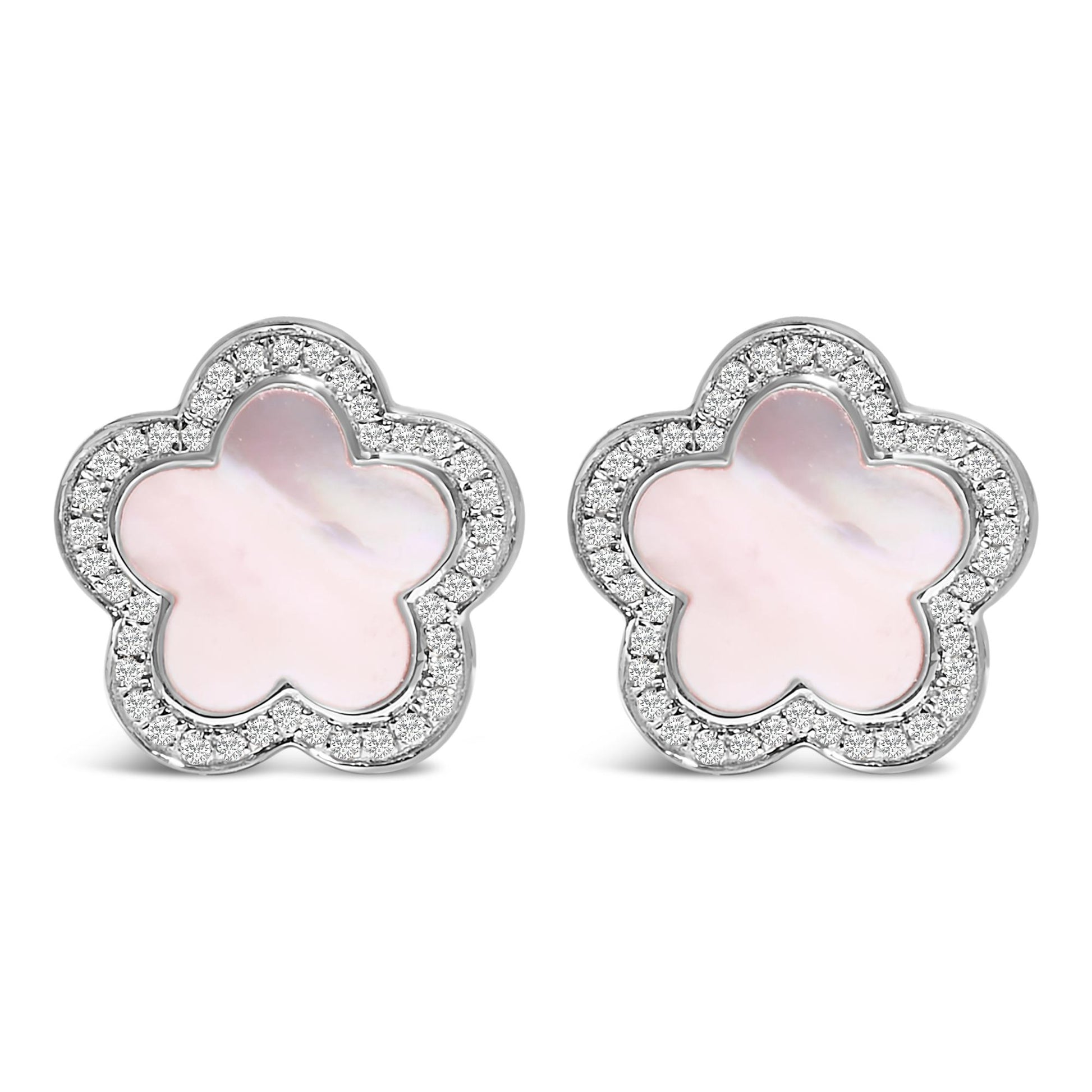 Front view of a pair of white metal flower-shaped stud earrings with central white mother of pearl gemstones in bezel settings, surrounded by micro-pave set round white gemstones.