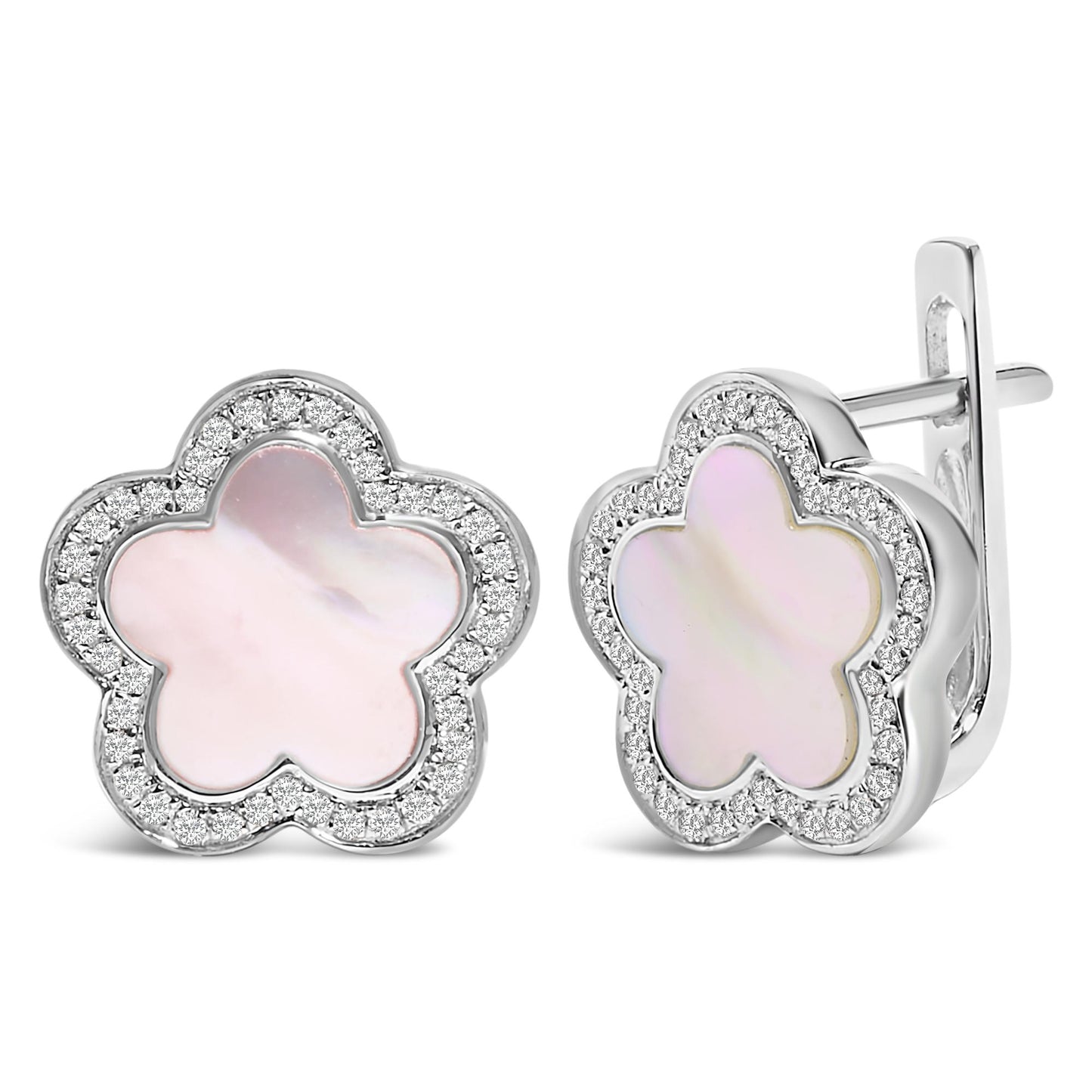 Close-up front and side view of white metal flower-shaped earrings with a white mother of pearl center surrounded by micro-pave set white gemstones, shown on a white background.