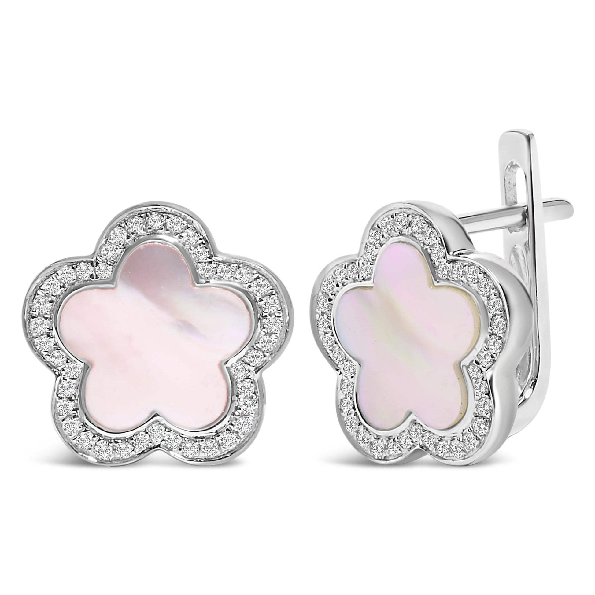 Close-up front and side view of white metal flower-shaped earrings with a white mother of pearl center surrounded by micro-pave set white gemstones, shown on a white background.