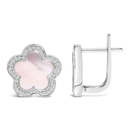Pair of white metal flower-shaped earrings with a central white mother of pearl gemstone surrounded by white micro-pave gemstones, shown from front and side angles on a white background.