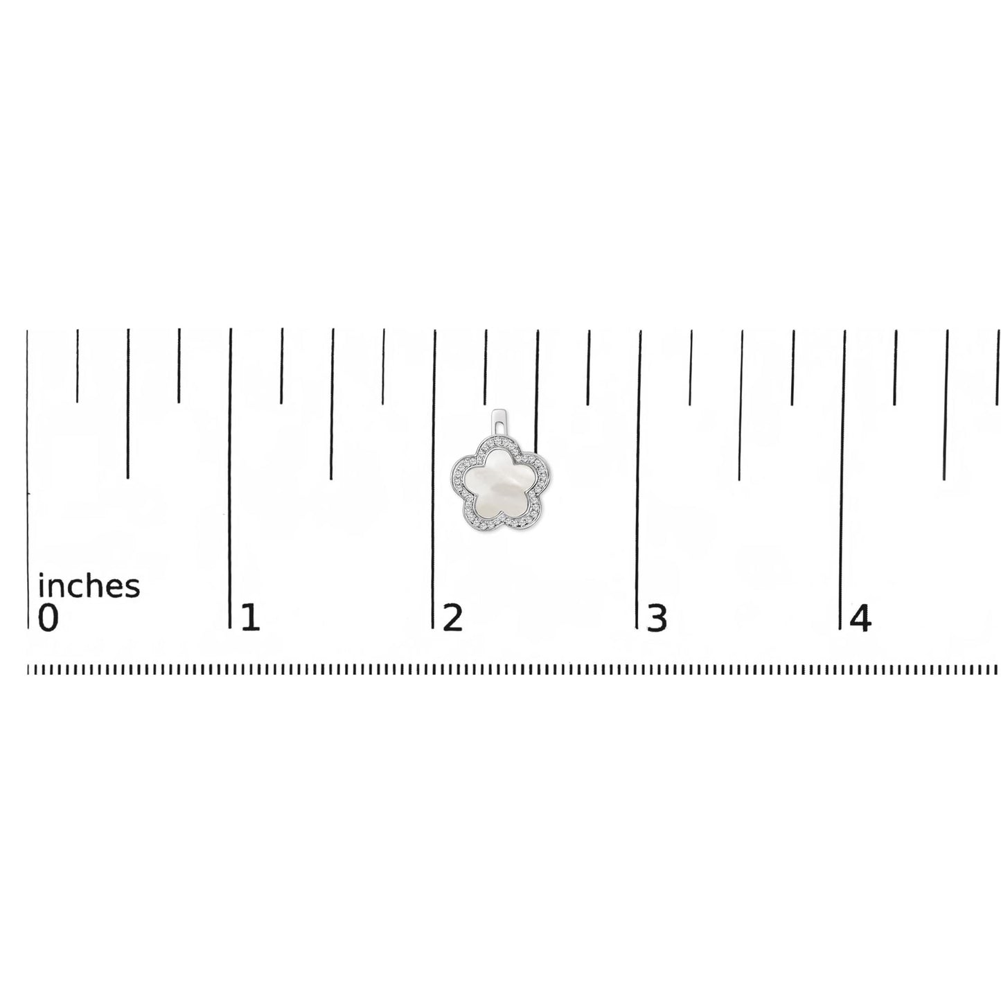 White metal flower-shaped earring with white mother of pearl center and micro-pave white gemstones around the edge, shown on a scale.