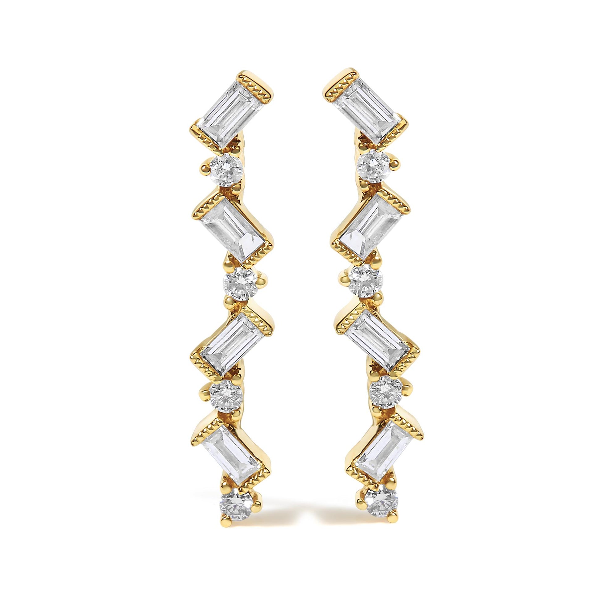 Front view of a pair of yellow metal earrings featuring alternating round white gemstones in prong settings and baguette white gemstones in bezel settings arranged vertically.