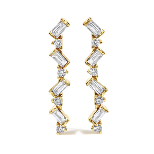 Front view of a pair of yellow metal earrings featuring alternating round white gemstones in prong settings and baguette white gemstones in bezel settings arranged vertically.