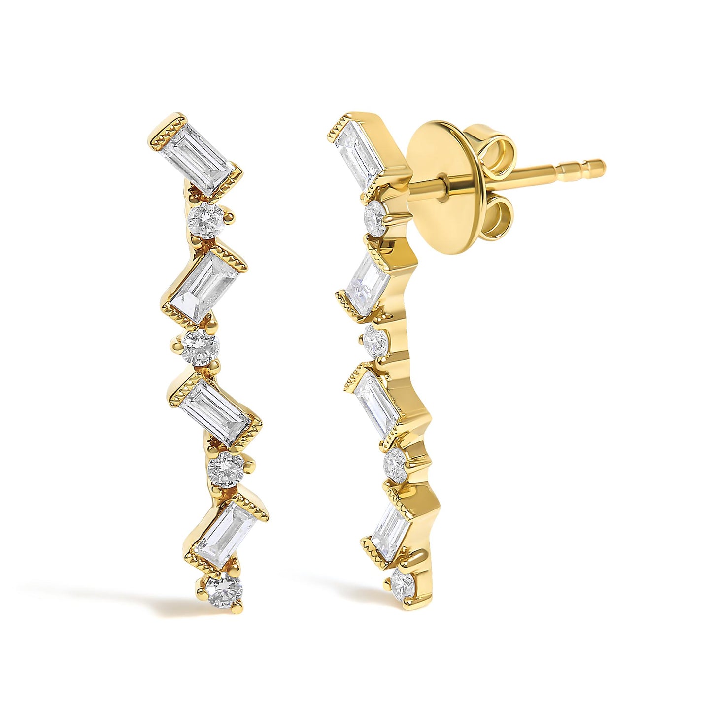 Pair of yellow metal earrings shown in close-up, alternating round white gemstones in prong settings and baguette-shaped white gemstones in bezel settings, angled slightly to the side displaying the post and back.