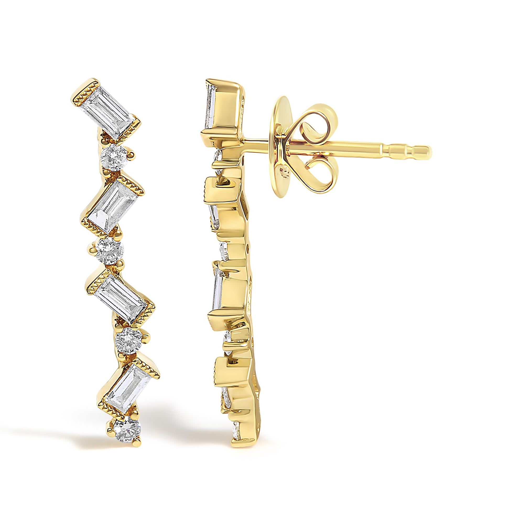 Close-up front and side view of a pair of yellow metal earrings set with alternating round white gemstones in prong settings and baguette white gemstones in bezel settings.