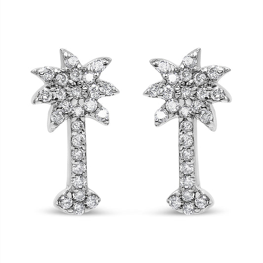 Front view of a pair of white metal earrings shaped like palm trees, adorned with round brownish prong-set gemstones.