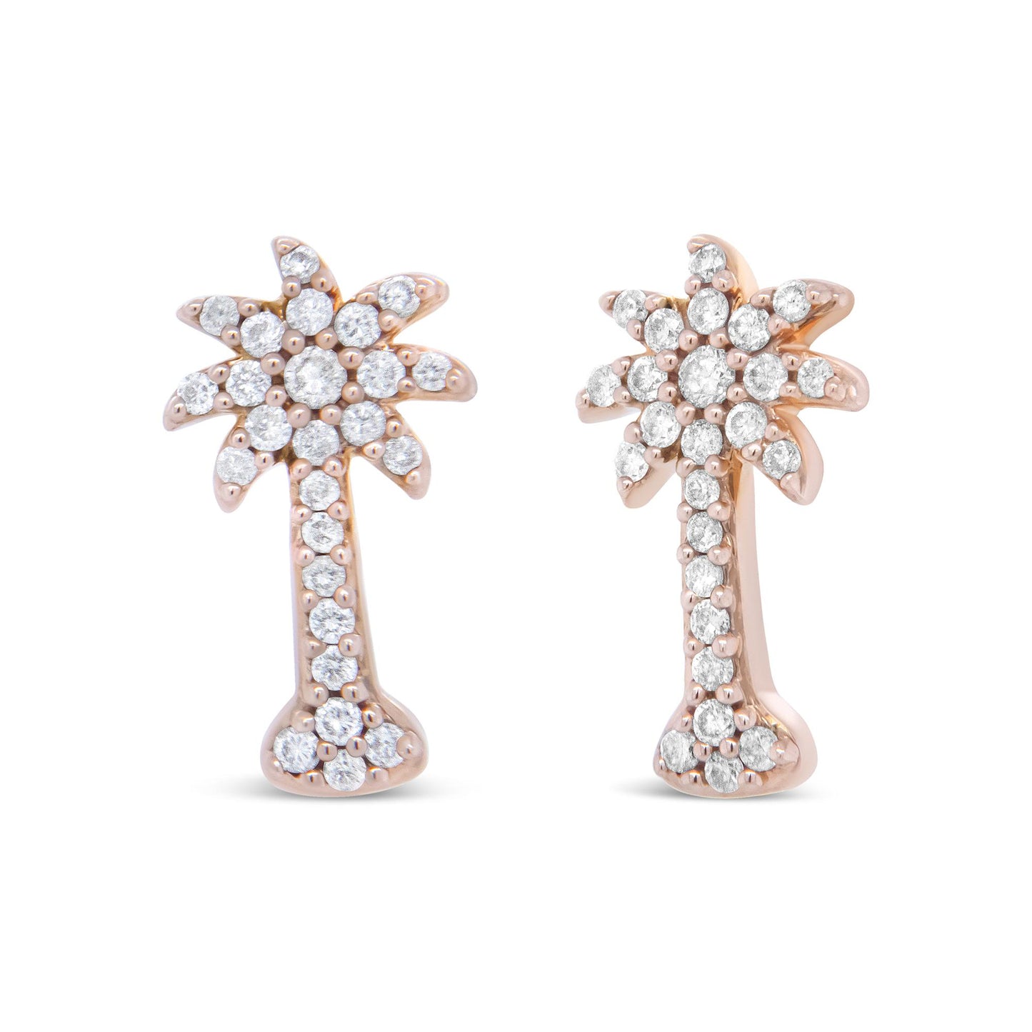 Front view of a pair of rose metal palm tree-shaped earrings adorned with multiple round white gemstones in prong settings.
