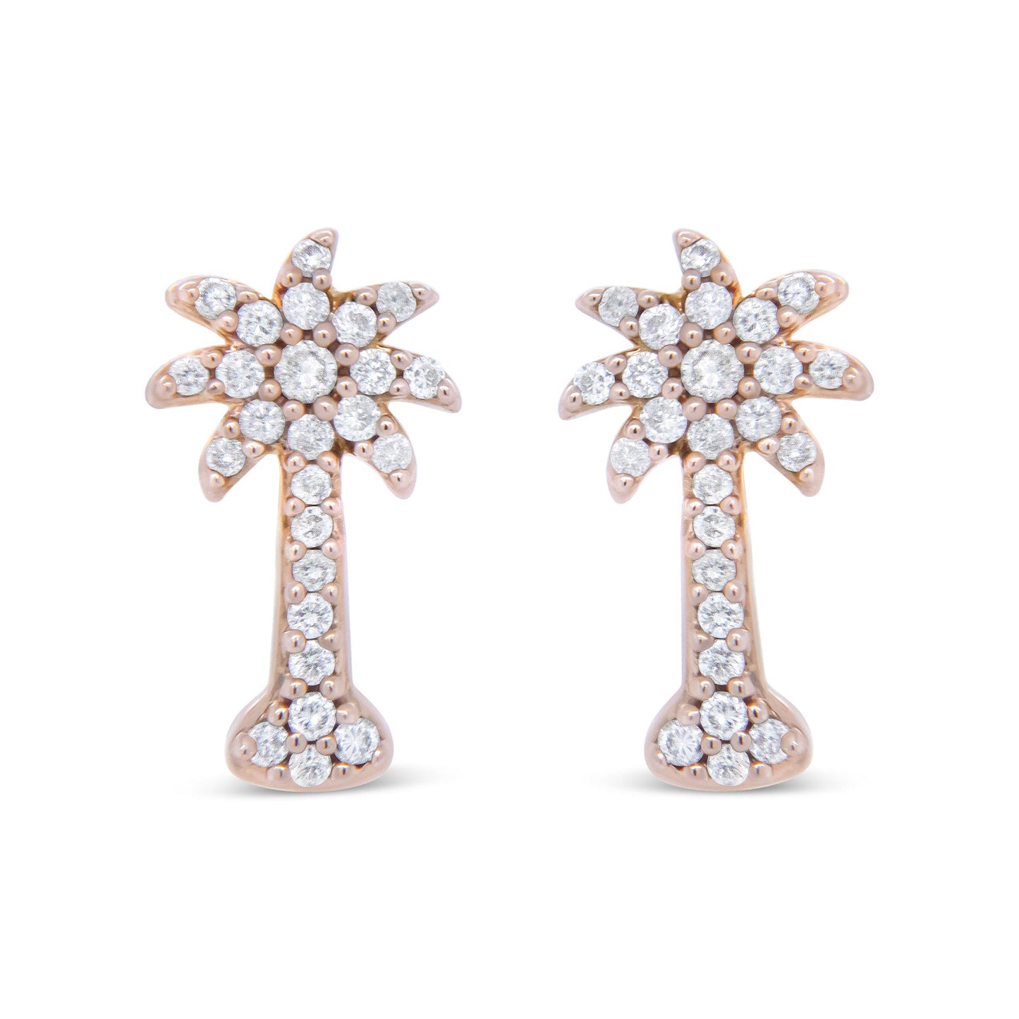 Front view of rose metal earrings shaped like stylized palm trees, adorned with round white gemstones in prong settings.