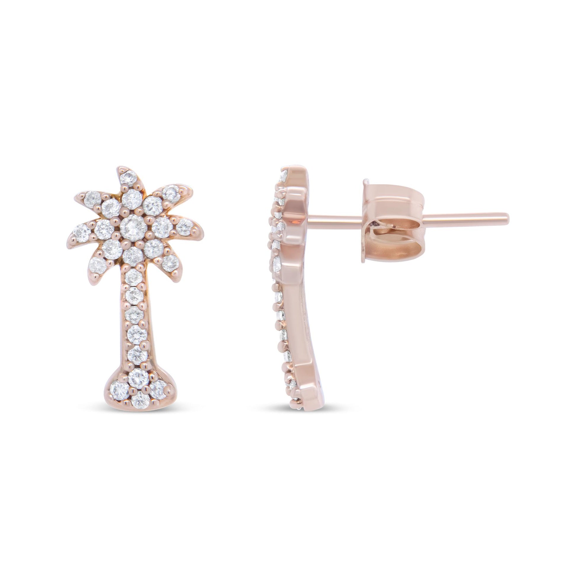 Front and side views of rose metal stud earrings shaped like palm trees, adorned with multiple small white gemstones in prong settings.
