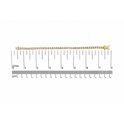 Yellow bracelet with round white gemstones in 4-prong settings shown flat on a scale, top-down view.